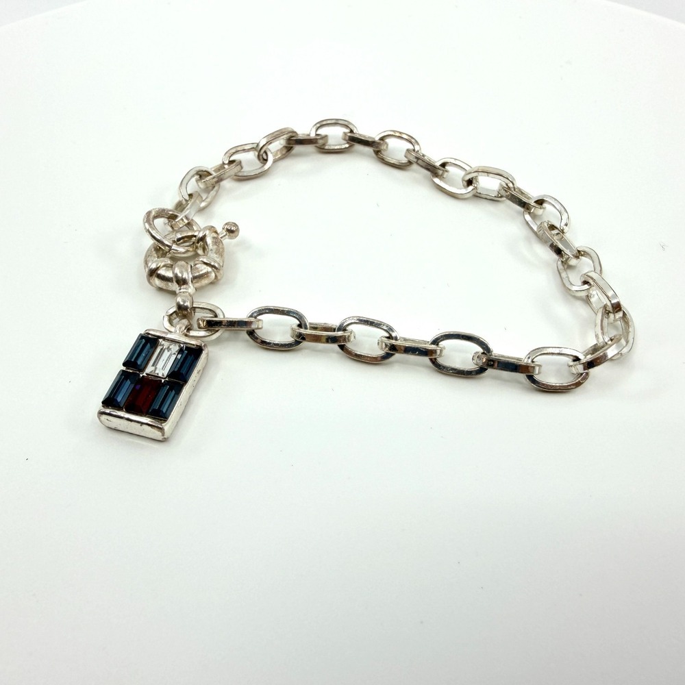 Vintage Silver Tone Link Bracelet with Flag Charm & Rhinestones Y2K